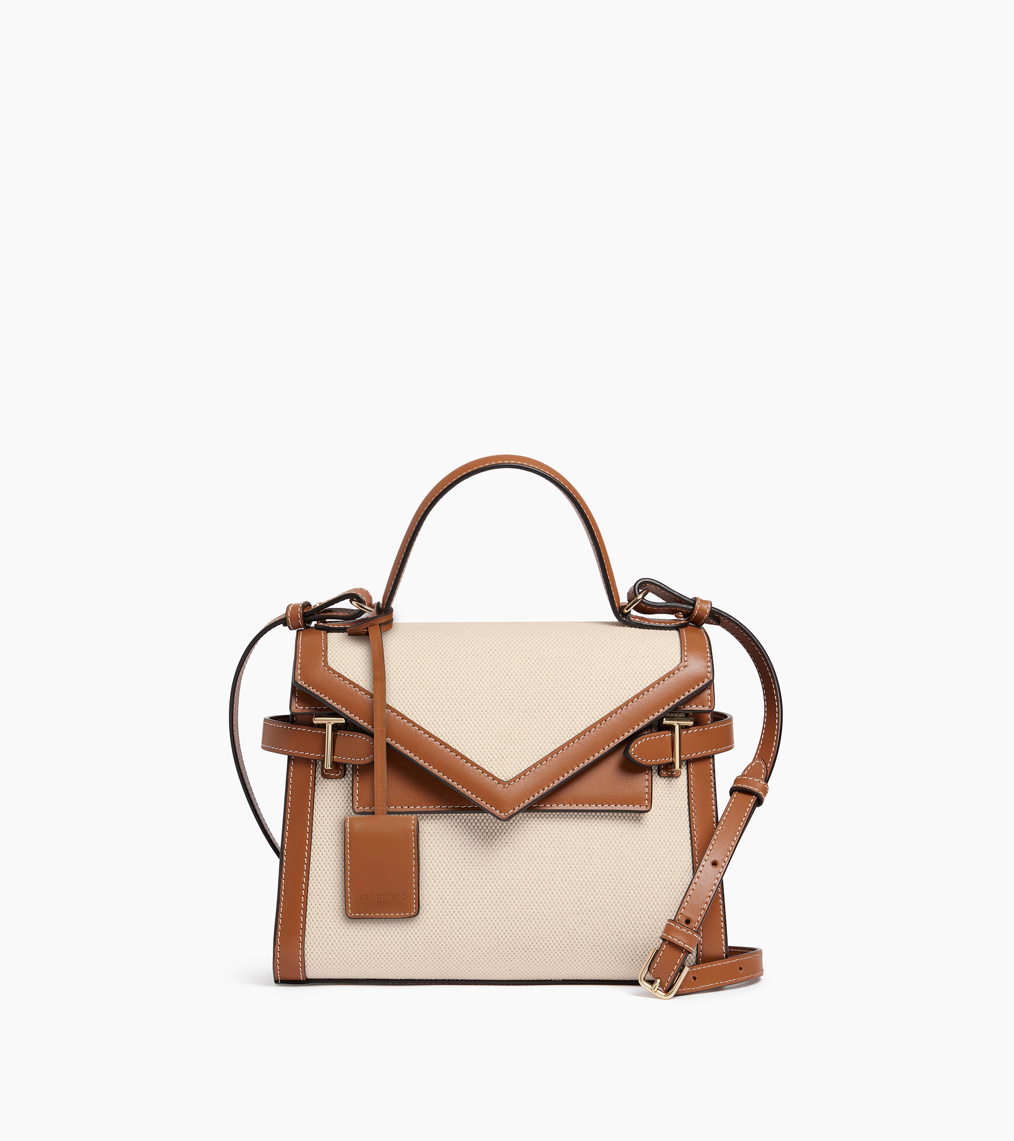 Sac à main double rabat moyen modèle Emilie en toile coton et cuir lisse